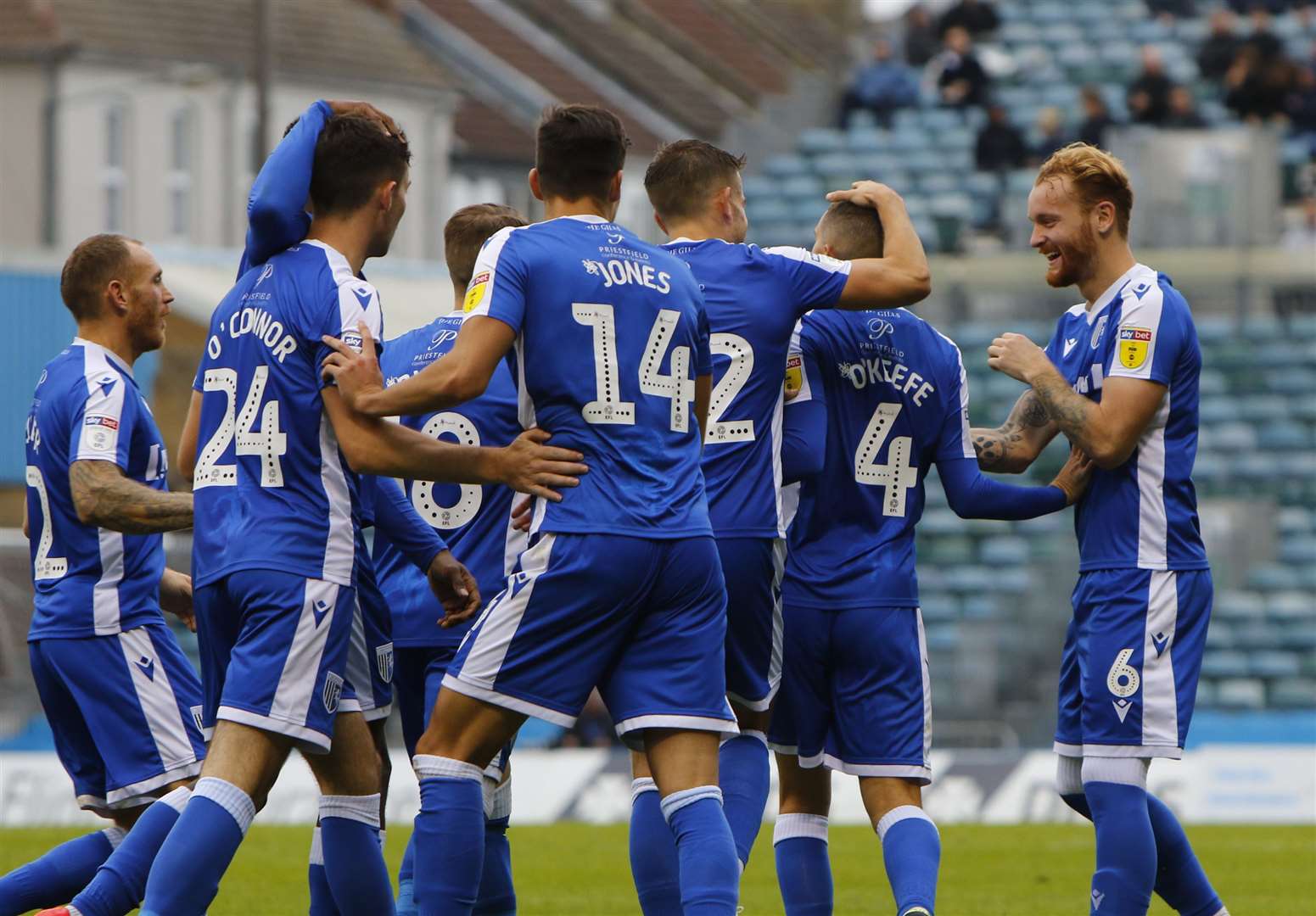 Stuart O’Keefe is congratulated by team-mates after scoring against Southend at Priestfield Picture: Andy Jones