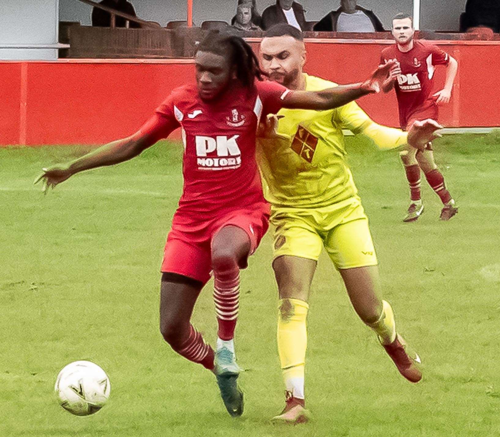 Whitstable’s Dean Grant shadowing Tunbridge Wells’ Kazeem Richards. Picture: Les Biggs