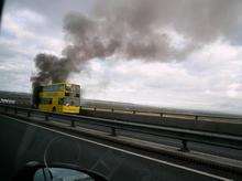 The bus which caught alight on the Sheppey Crossing