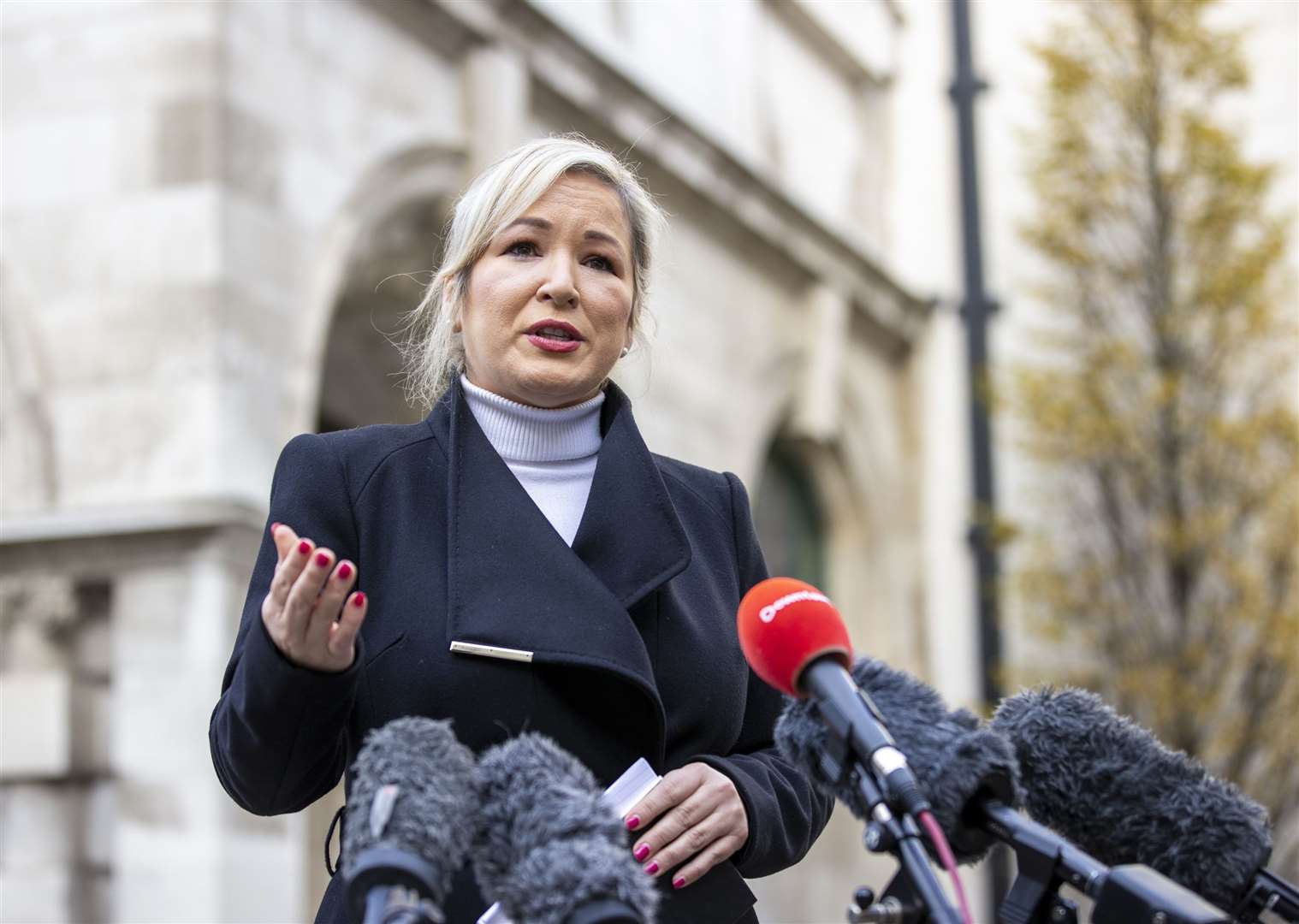 Michelle O’Neill speaks during a press conference at Belfast City Hall following a video call with Lord Frost to discuss the NI Protocol (Liam McBurney/PA)