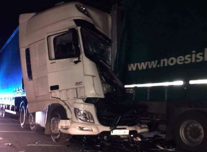 The crumpled cab of the lorry which ploughed into parked vehicles in Swale Way, Great Easthall, Sittingbourne