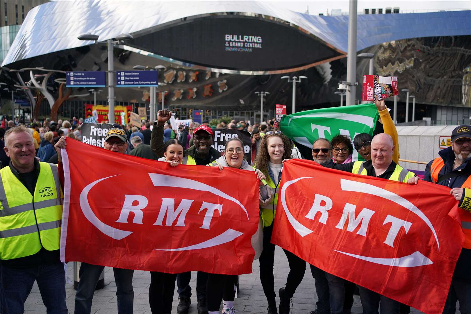 Rail workers on a picket line at Birmingham New Street Station in October (Jacob King/PA)