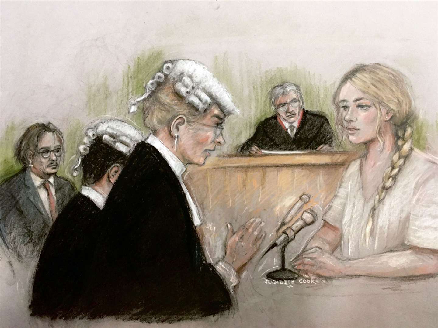 Court artist sketch of actress Amber Heard being questioned (Elizabeth Cook/PA)