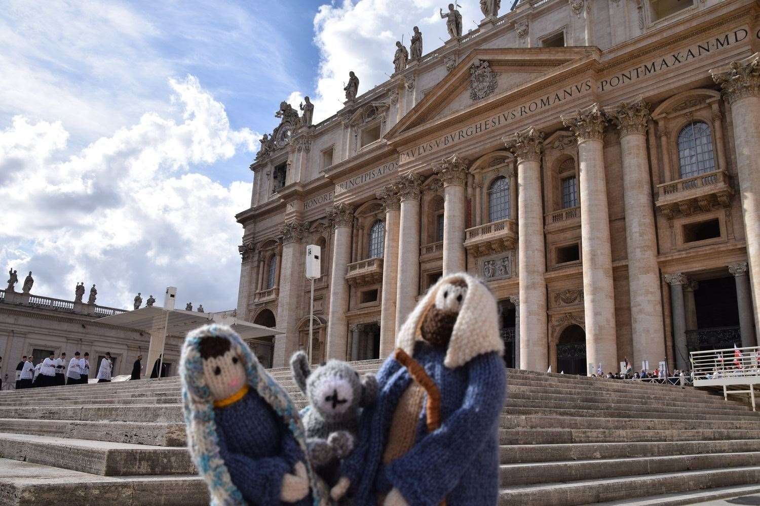 The knitted Nativity figures outside St Peter’s Basilica in Vatican City (Christ Church, Southgate/PA)