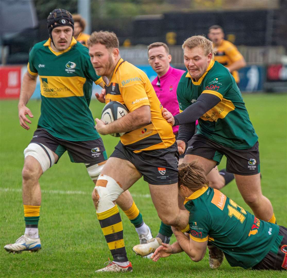 Tyler Oliver stands his ground for Canterbury against Bury St Edmunds. Picture: Phillipa Hilton