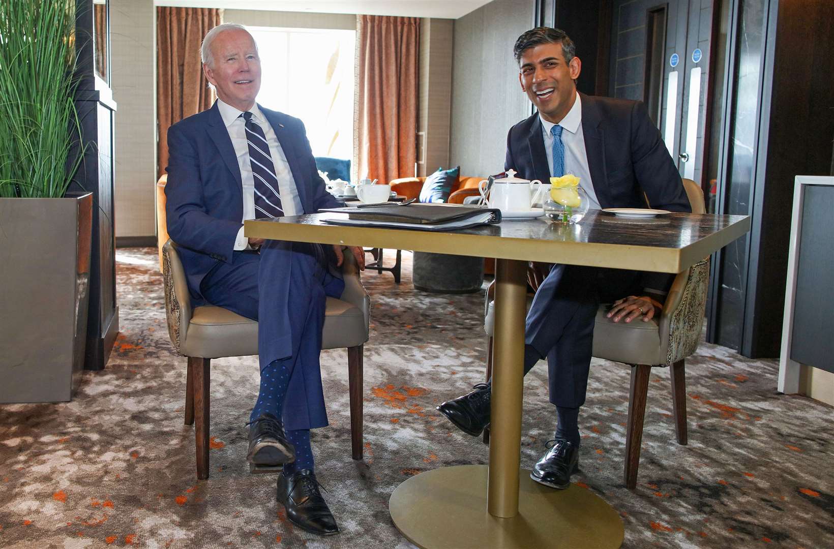 Rishi Sunak meets Joe Biden at the Grand Central Hotel in Belfast (Paul Faith/PA)