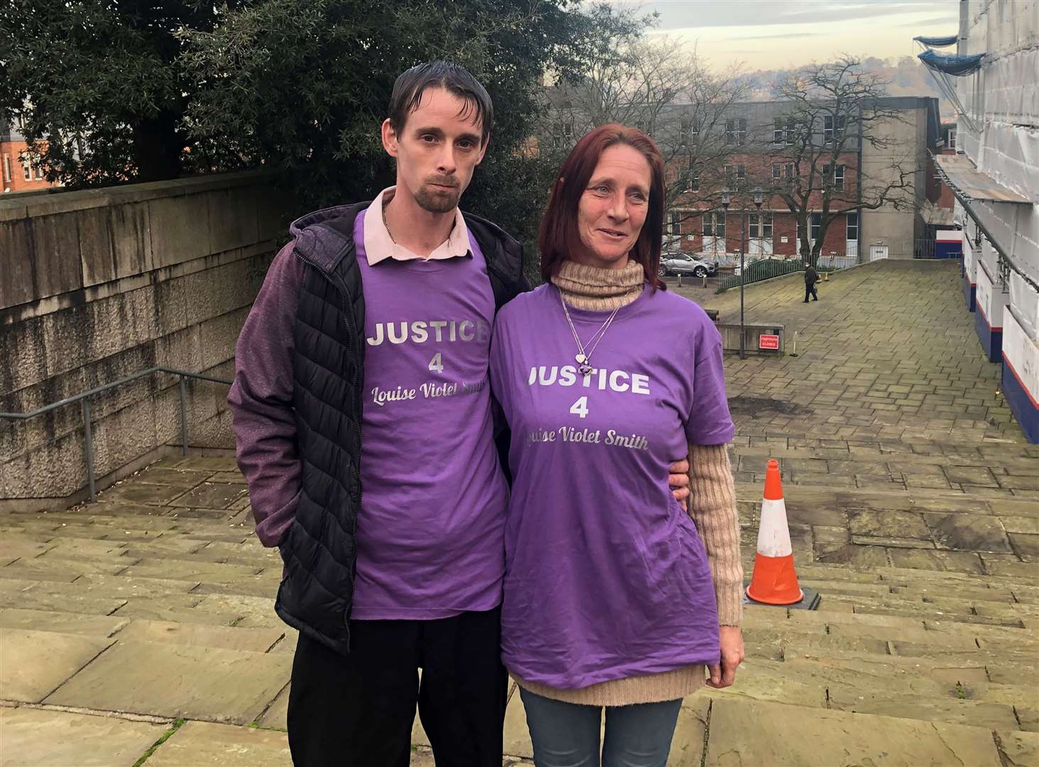 Rebbecca Cooper, mother of Louise Smith, with partner Richard O’Shea outside Winchester Crown Court (Ben Mitchell/PA)