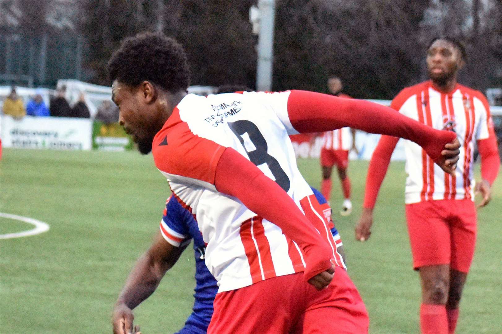 Folkestone’s Ade Cole wins a header in midfield on a Hartsdown Park return. Picture: Randolph File