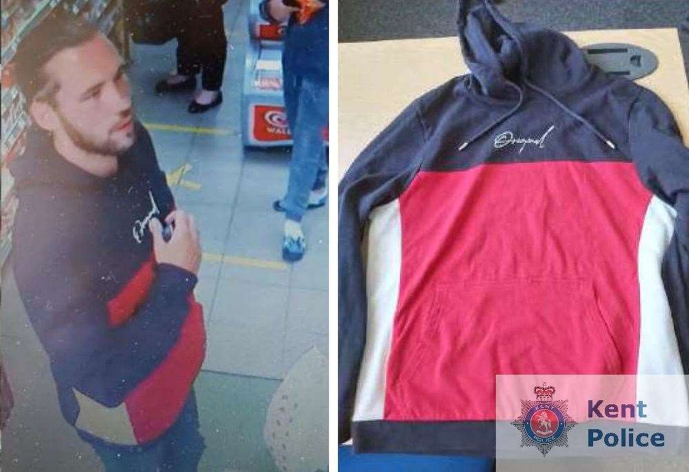 Myles was caught on CCTV wearing a red and blue hooded top. Photo: Kent Police