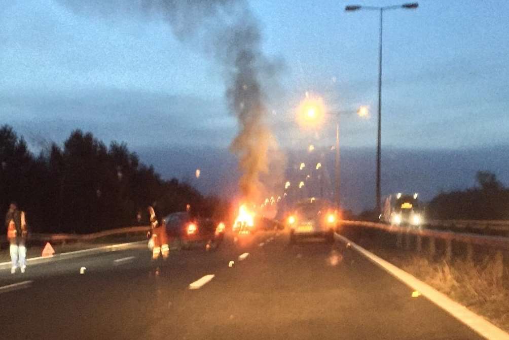 A car set alight after a crash: pic @nicelf