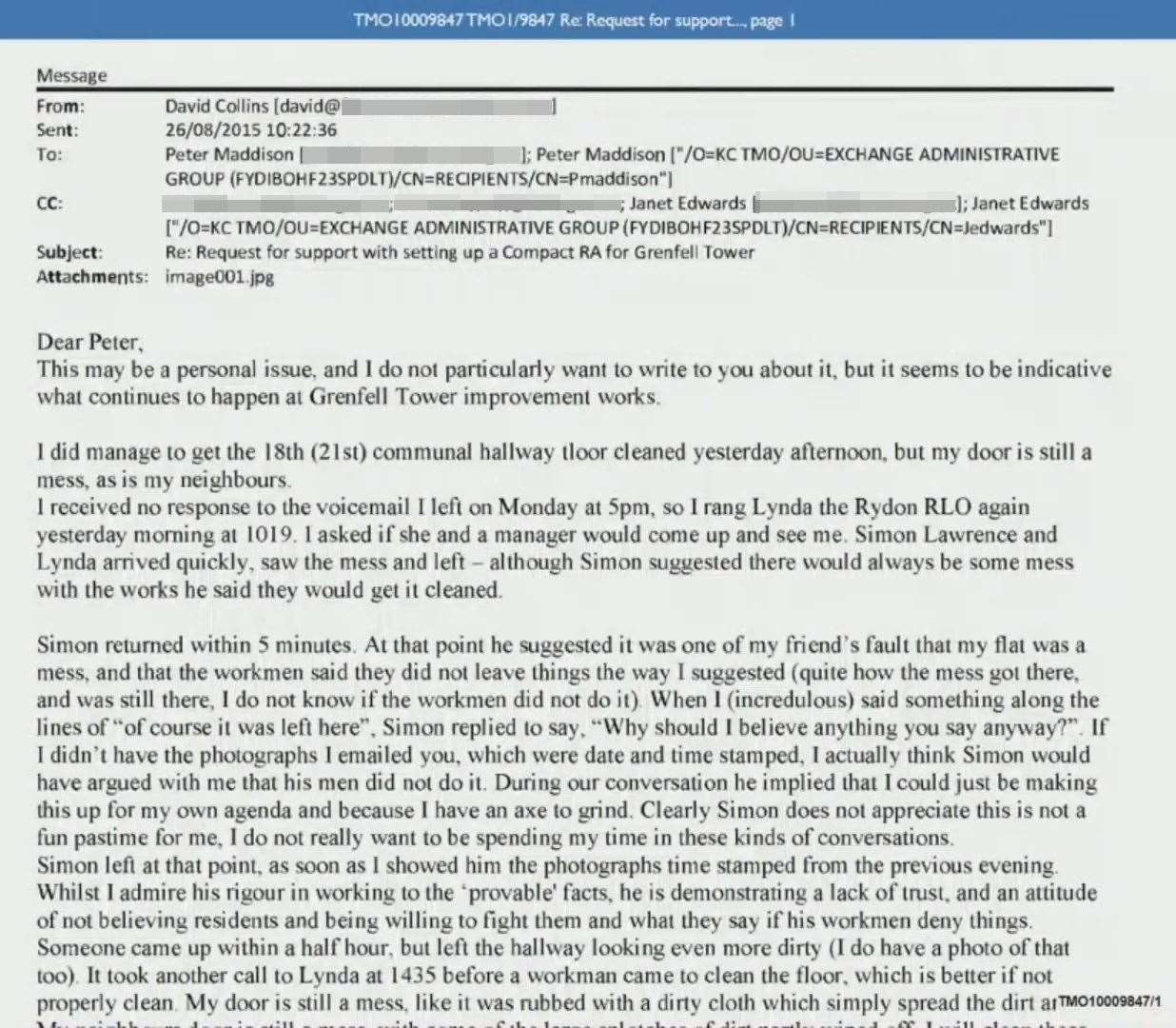 A letter sent in 2015 by Grenfell Tower resident David Collins to the Kensington and Chelsea tenant management organisation and councillors at the Royal Borough of Kensington and Chelsea (Grenfell Tower Inquiry/PA)