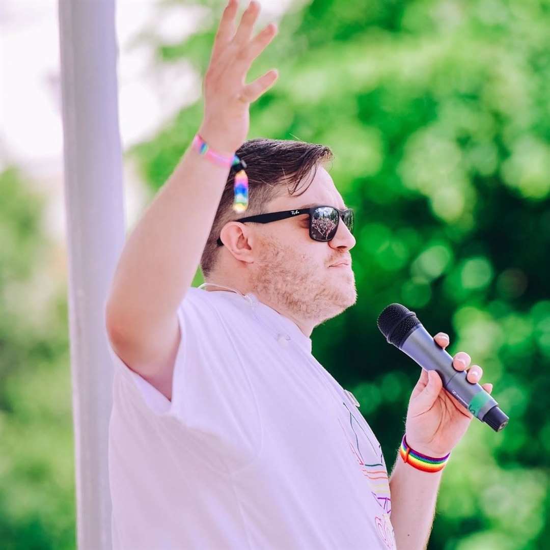 Canterbury Pride founder Edd Withers speaking at the event in 2021