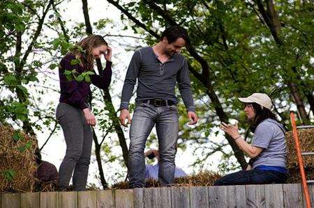 Anna Madeley, Emun Elliot and Frances Lea filming Strawberry Fields