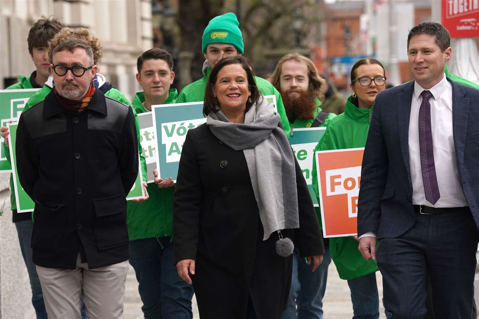 Sinn Fein leader Mary Lou McDonald, with candidates Eoin O Broin and Matt Carthy, during campaigning (Brian Lawless/PA)