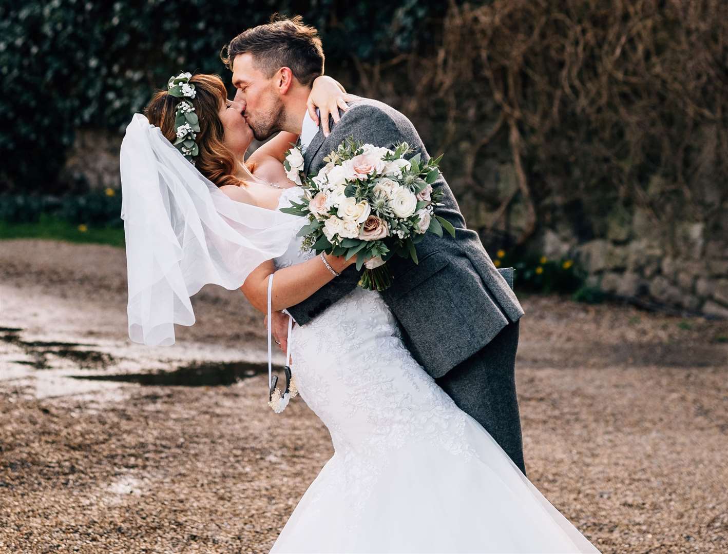 Scott and Adele Richards on their wedding day at Cooling Castle Barn on the Hoo Peninsula. Picture: James Eldridge Photography/SWNS