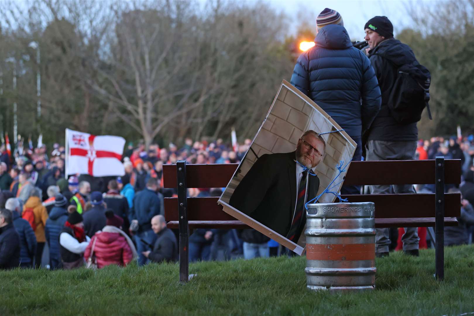 A poster of the leader of the Ulster Unionist Party, Doug Beattie, during a rally in opposition to the Northern Ireland Protocol at Brownlow House in Lurgan, County Armagh (Liam McBurney/PA)