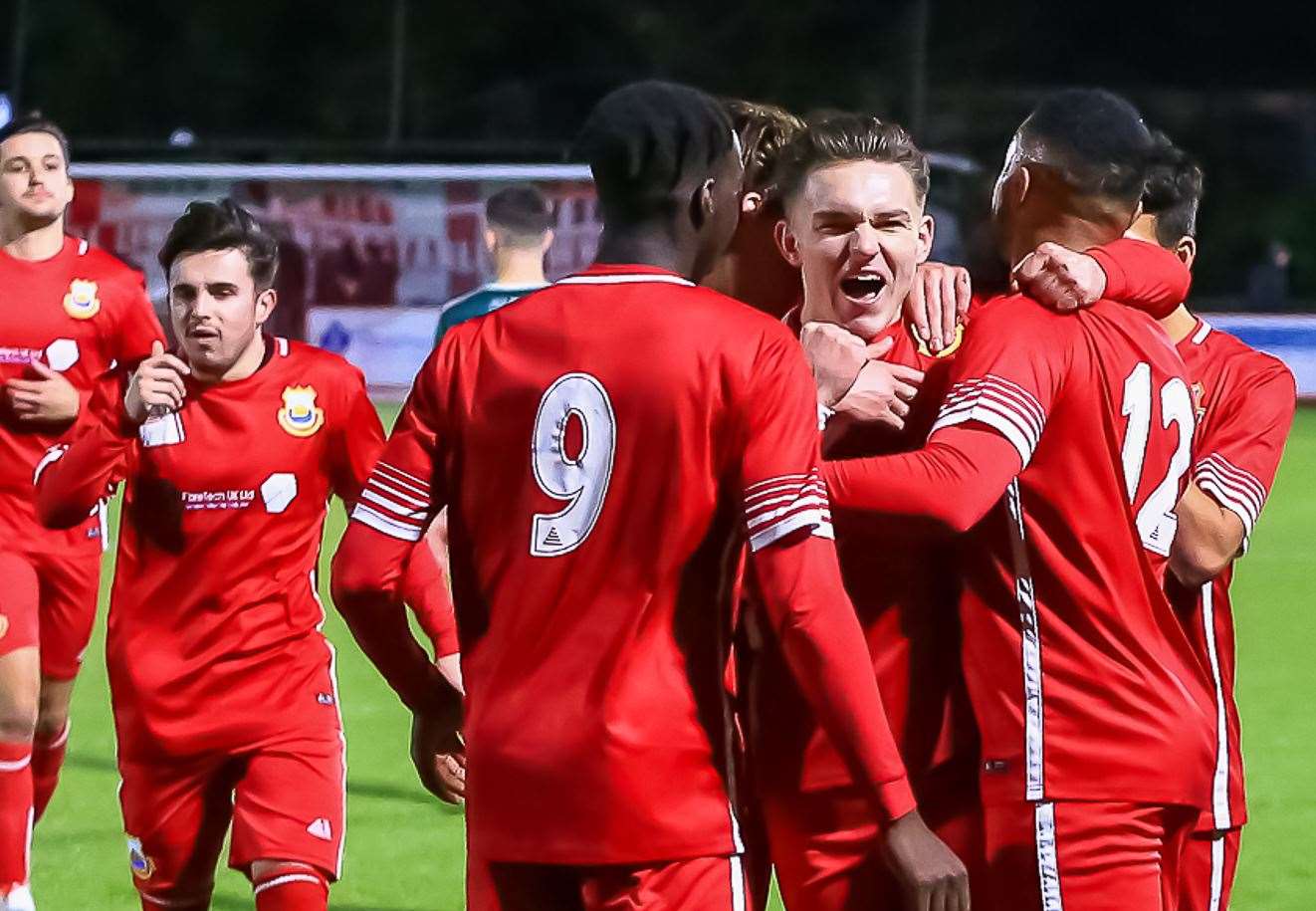 Substitute Josh Oliver celebrates scoring the fourth. Picture: Les Biggs