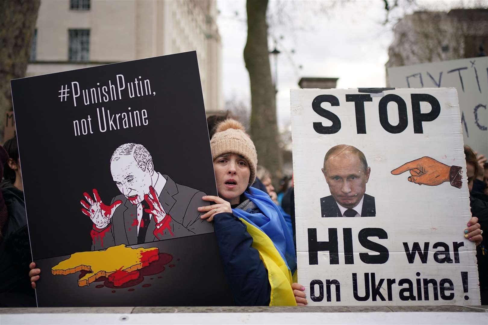 Ukrainians hold a protest against the Russian invasion of Ukraine outside Downing Street (Yui Mok/PA)