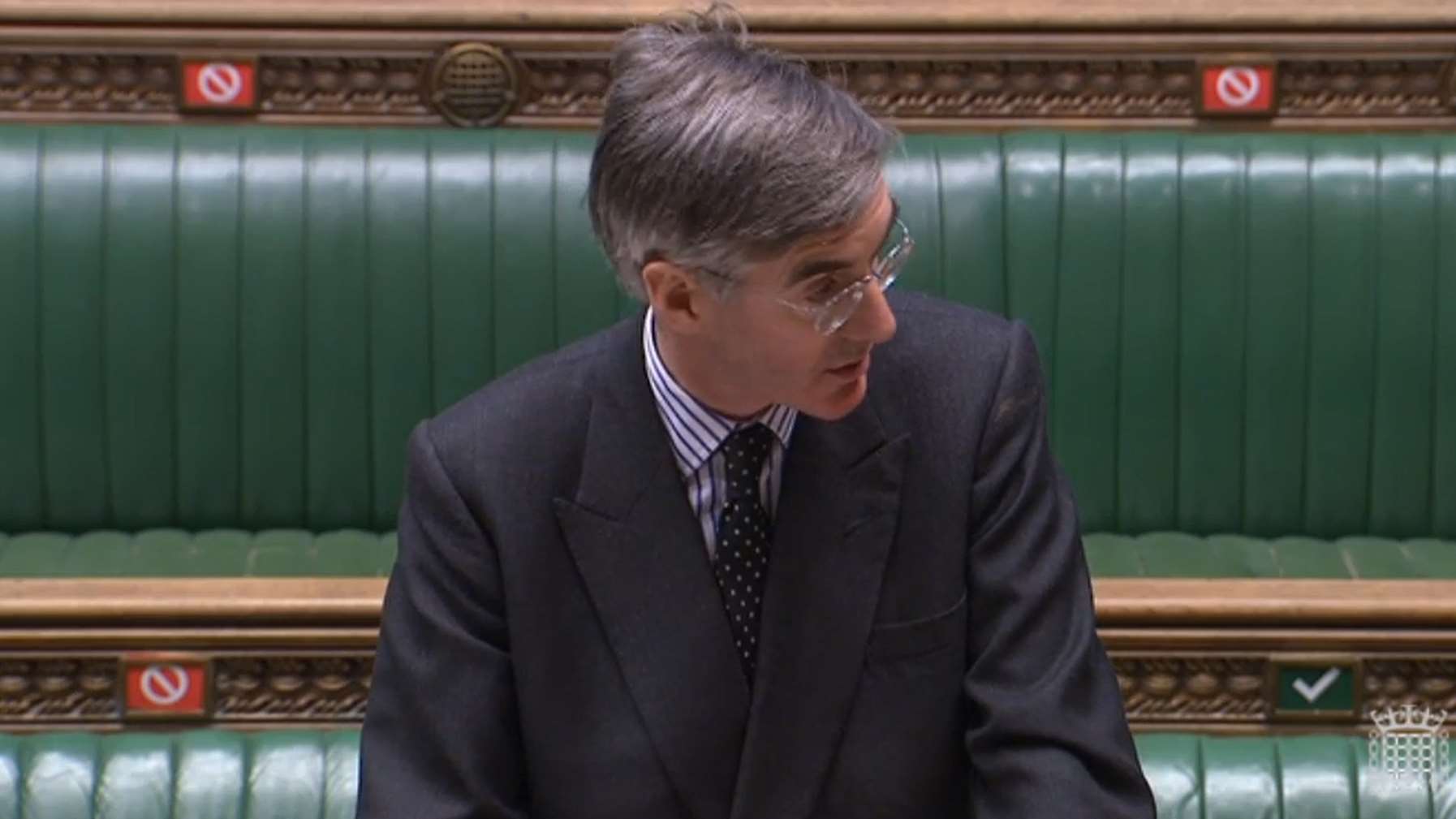 Social distancing markers can be seen behind Leader of the House of Commons Jacob Rees-Mogg as he speaks in the House of Commons (House of Commons/PA)