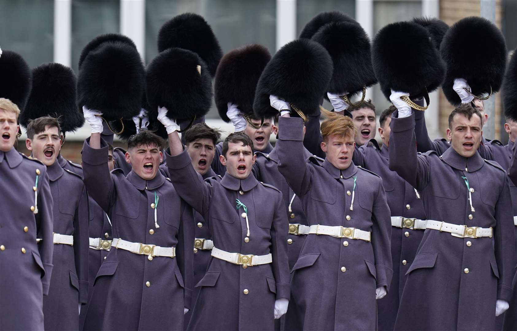 Members of the Welsh Guards give three cheers during the St David’s Day visit by the Prince and Princess of Wales (Andrew Matthews/PA)