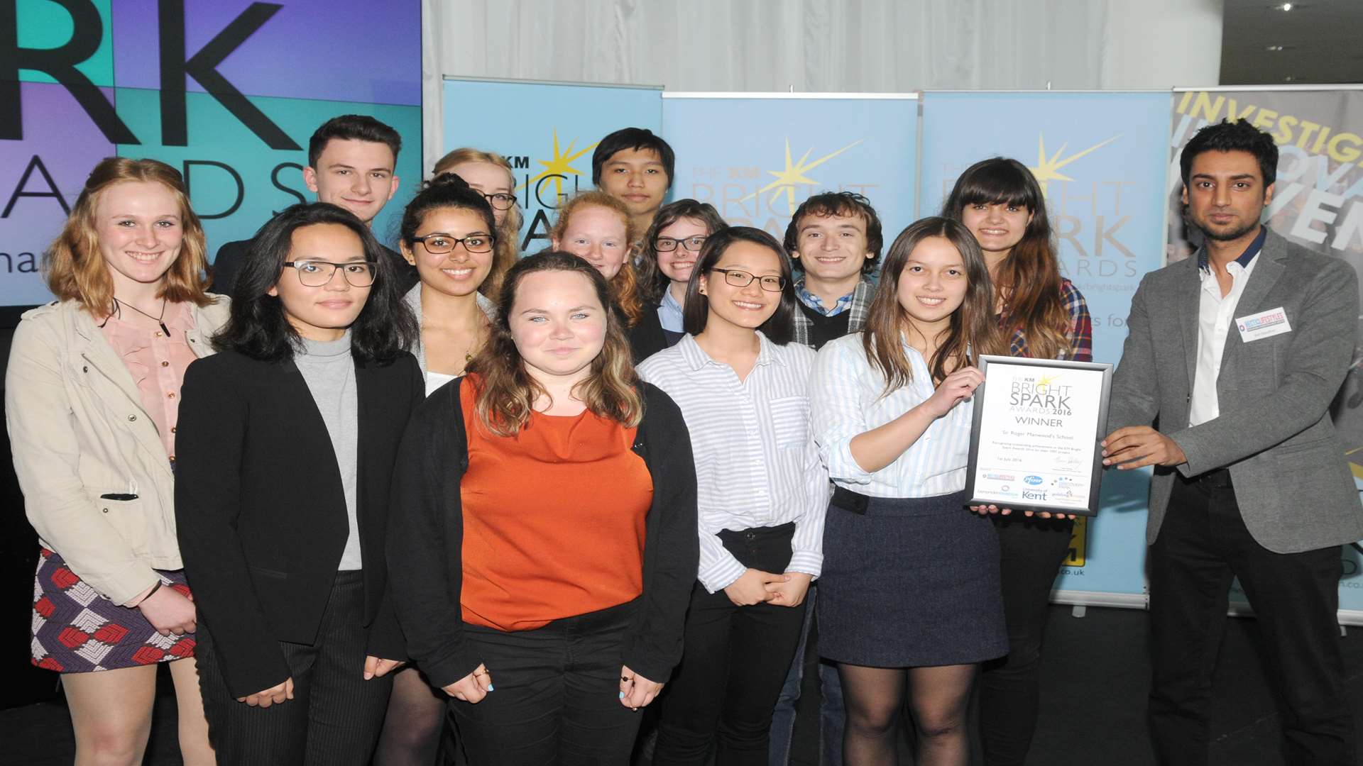 Bal Sandher of Hectic Lifestyles with Sir Roger Manwood's School VIBE project students at the KM Bright Spark Awards 2016, staged at Discovery Park, Sandwich on Friday, July 1.