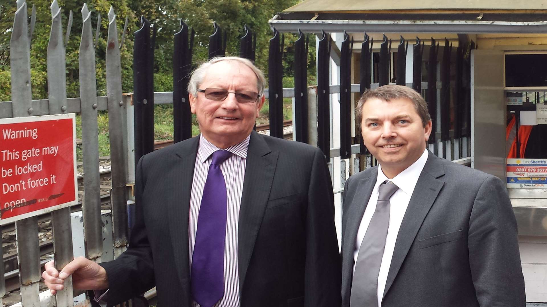 Gareth Johnson MP and Cllr John Burrell at Stone Crossing train station crossing