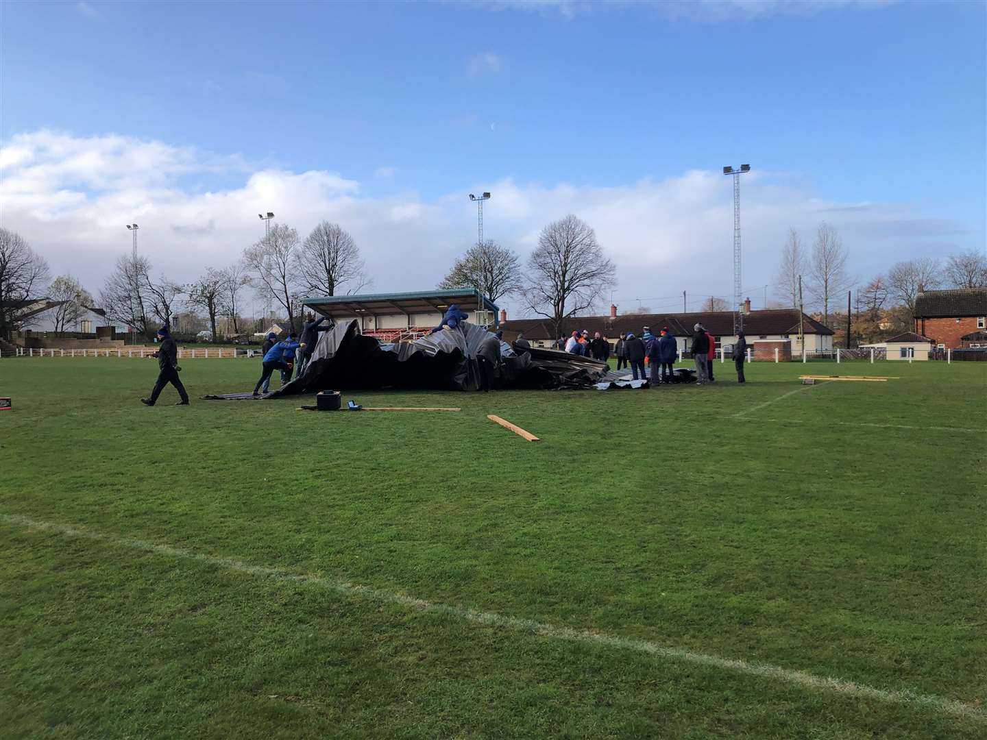 The clubhouse roof lies on the pitch at Chester le Street Town FC in County Durham (Tom Wilkinson/PA)