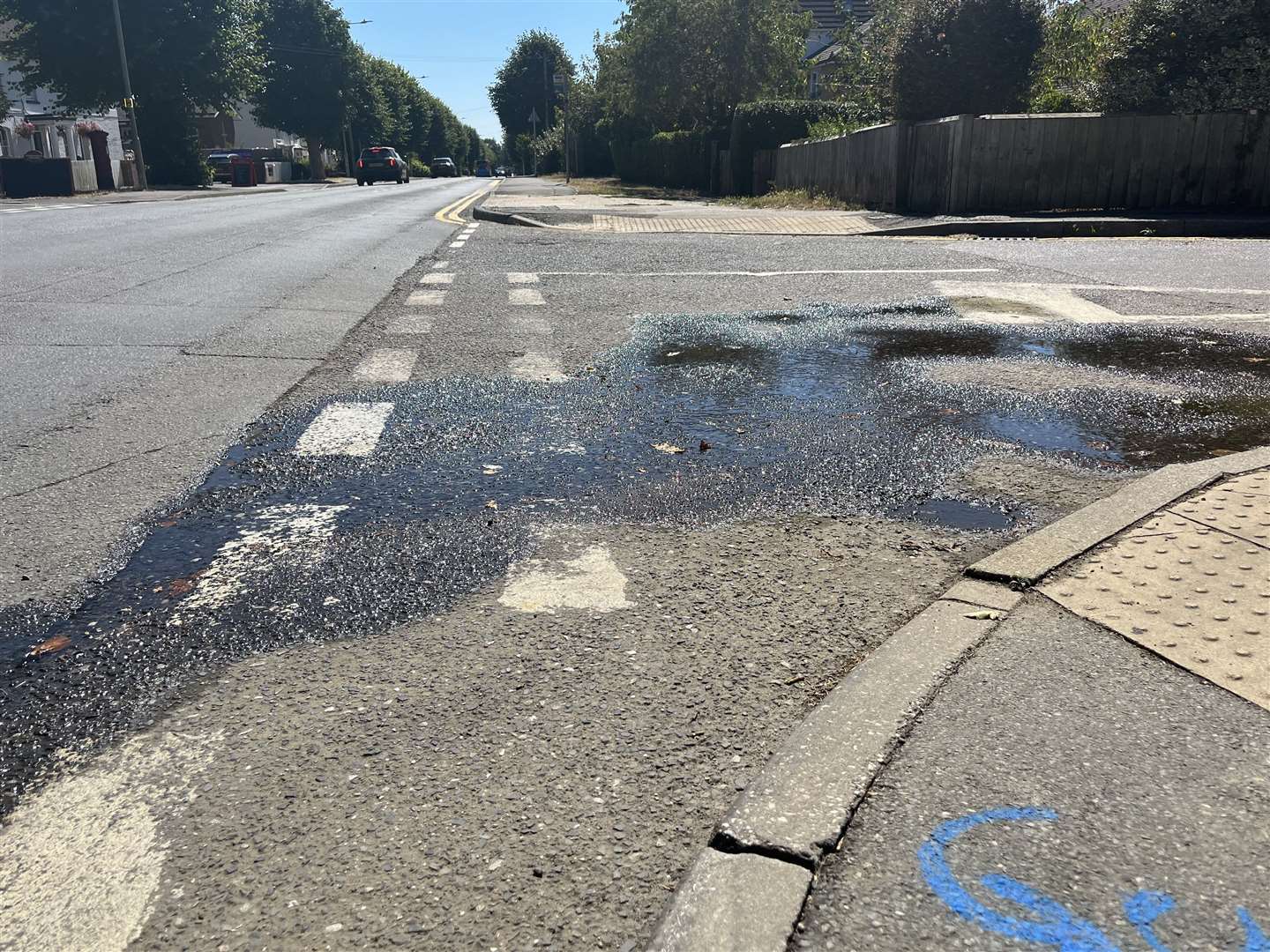 Even amid 30C heat, the junction of Grosvenor Road and Faversham Road in Kennington is still wet from the leak