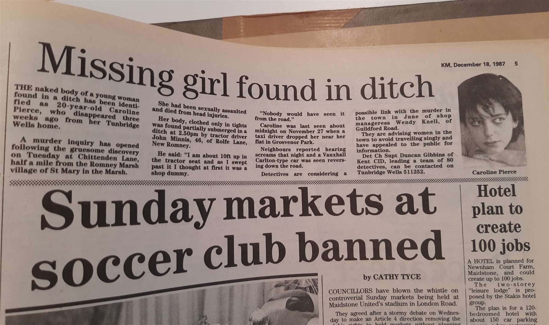 A Kent Messenger newspaper clipping from December 1987, reporting on the discovery of Caroline Pierce's body Picture: KM Media Group