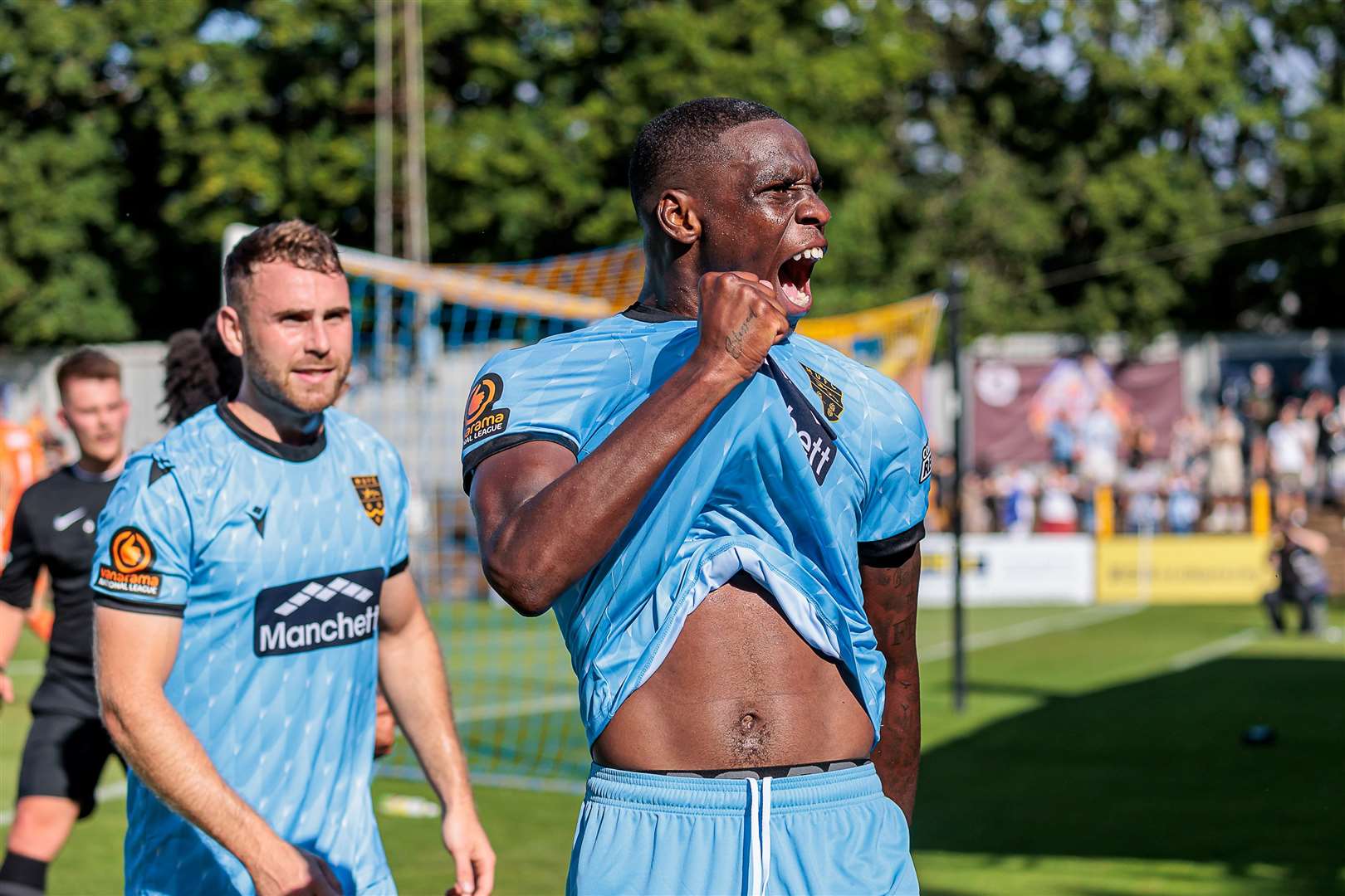 Temi Eweka celebrates his winner at St Albans. Picture: Helen Cooper