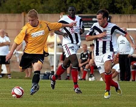 Dan Stubbs fires Maidstone ahead against Tooting &amp; Mitcham but the visitors came from behind to win. Picture: Gary Browne