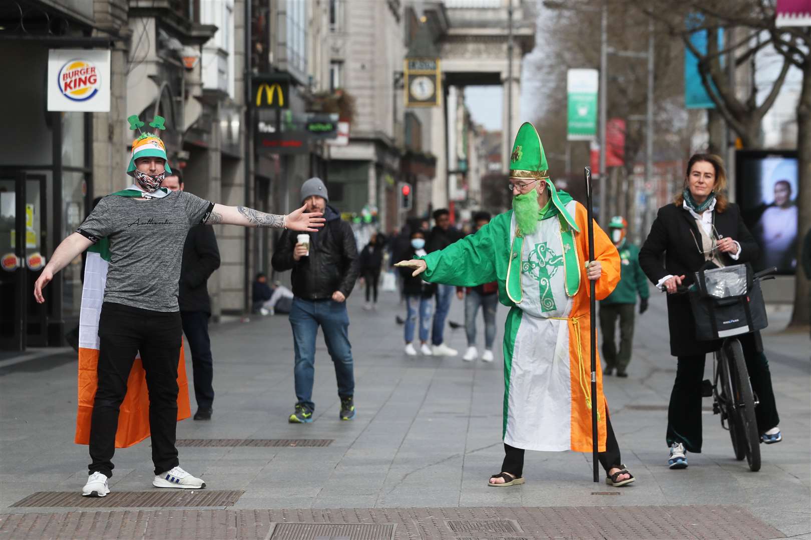 St Patrick’s Day is marked in a socially distanced way in O’Connell Street in Dublin (Brian Lawless/PA)