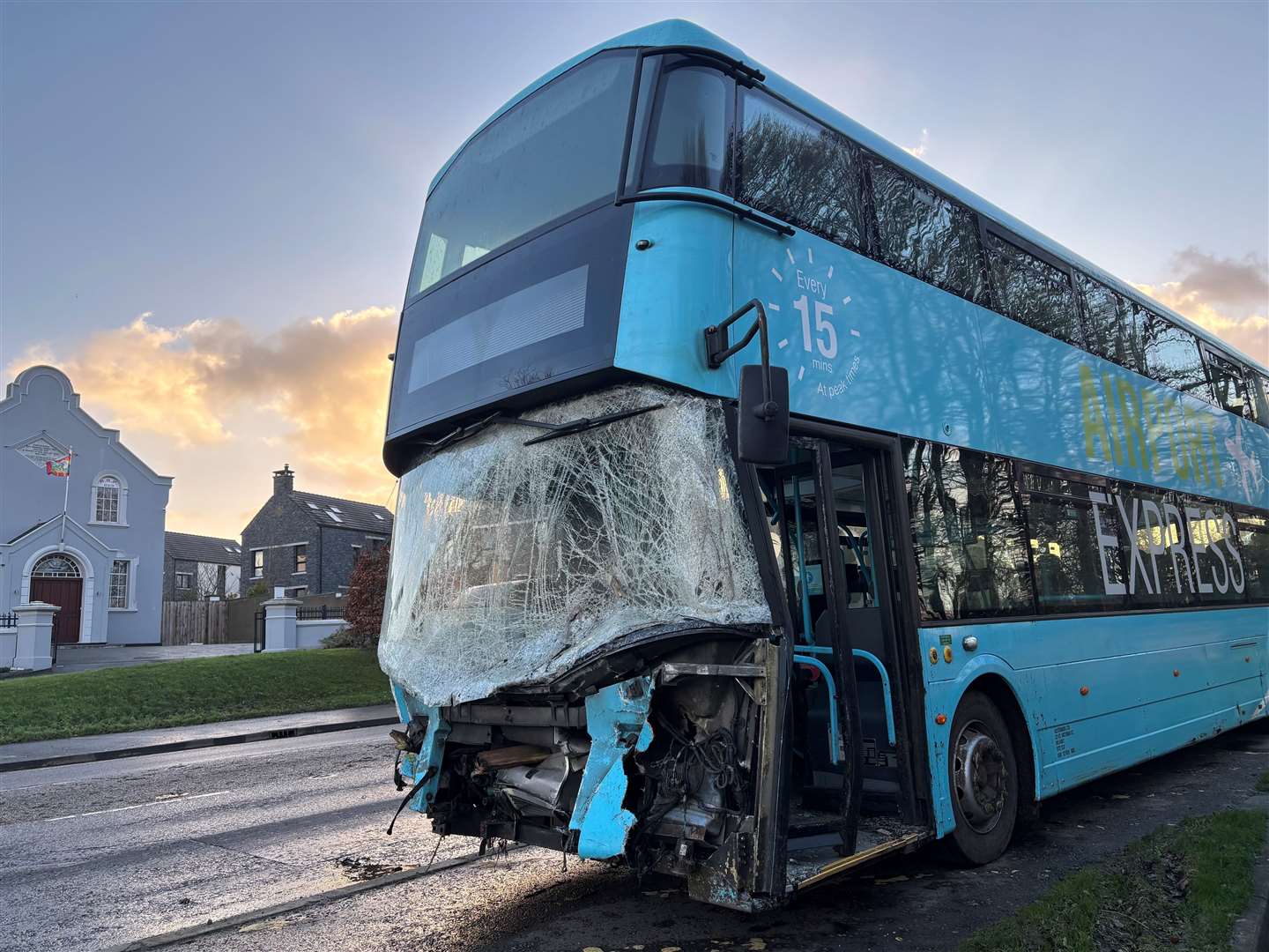 The wreckage of an airport bus which crashed on the Ballyrobin Road close to Belfast International Airport (Rebecca Black/PA)