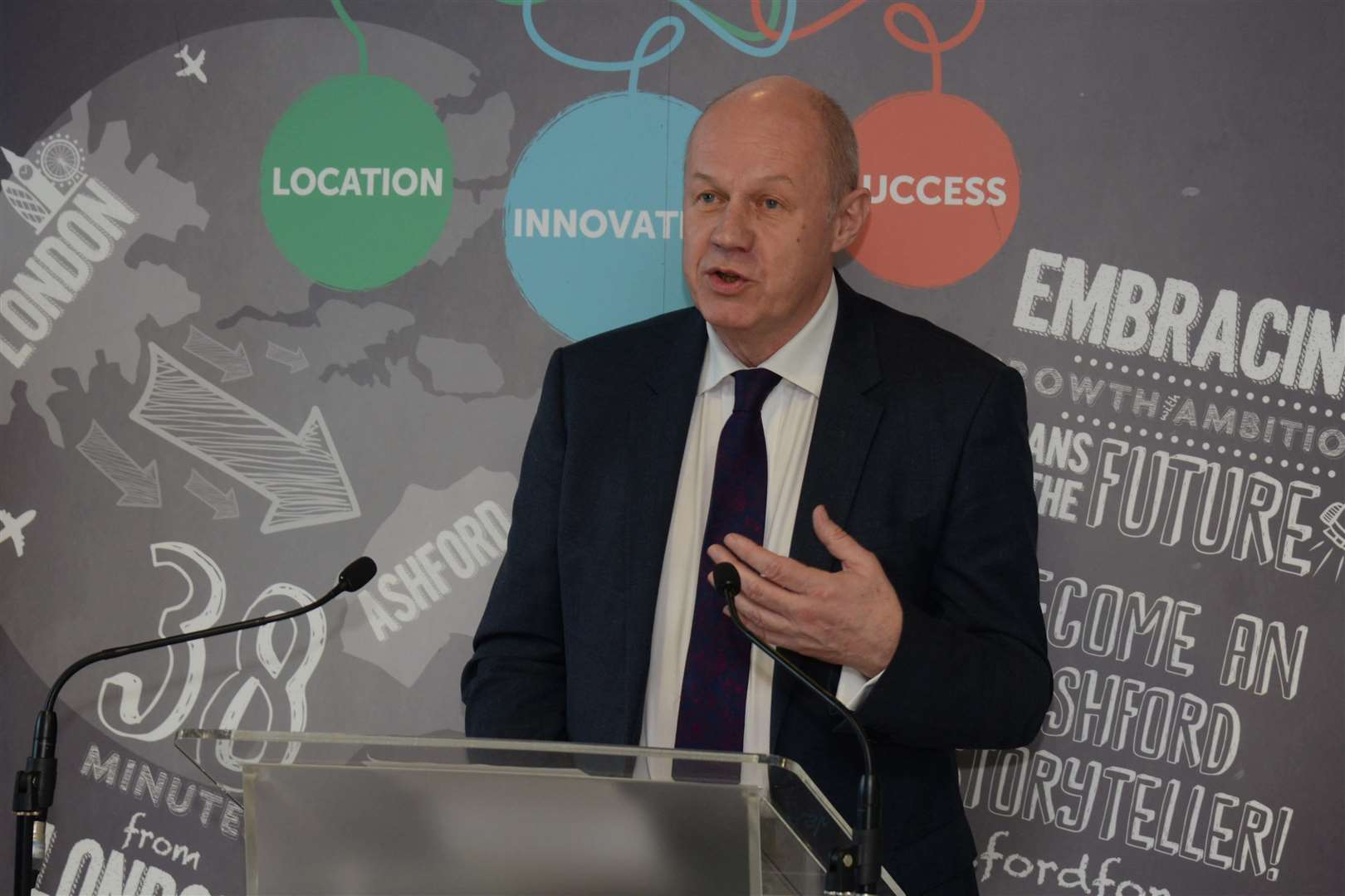 Ashford MP Damien Green speaking at Ashford International station on Tuesday. Picture: Chris Davey. (9313044)