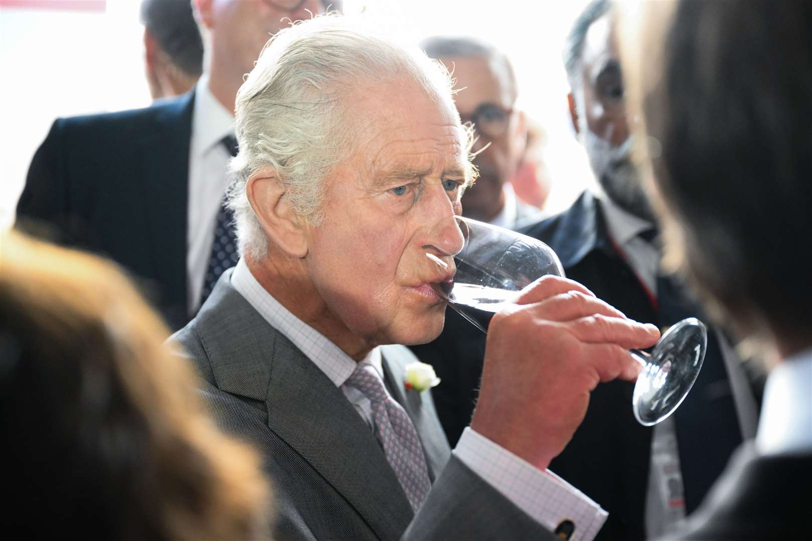 The King tried a glass of St Ferdinand Source Lussac-Saint Emilion as well as some Cotswold whisky (Daniel Leal/PA)