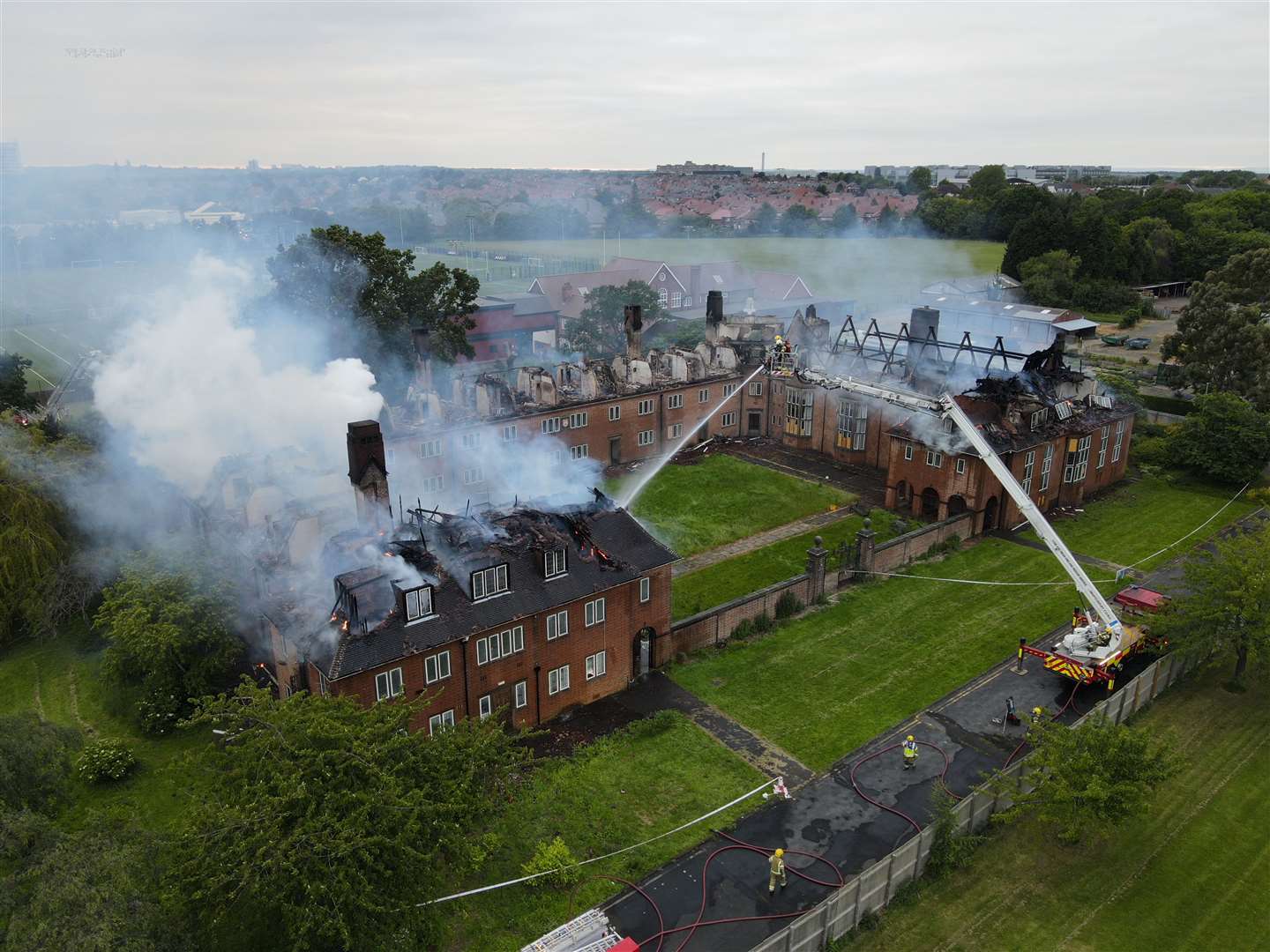 Firefighters tackling the blaze at Henderson Old Hall in Heaton, Newcastle (Tyne and Wear Fire and Rescue Service/PA)