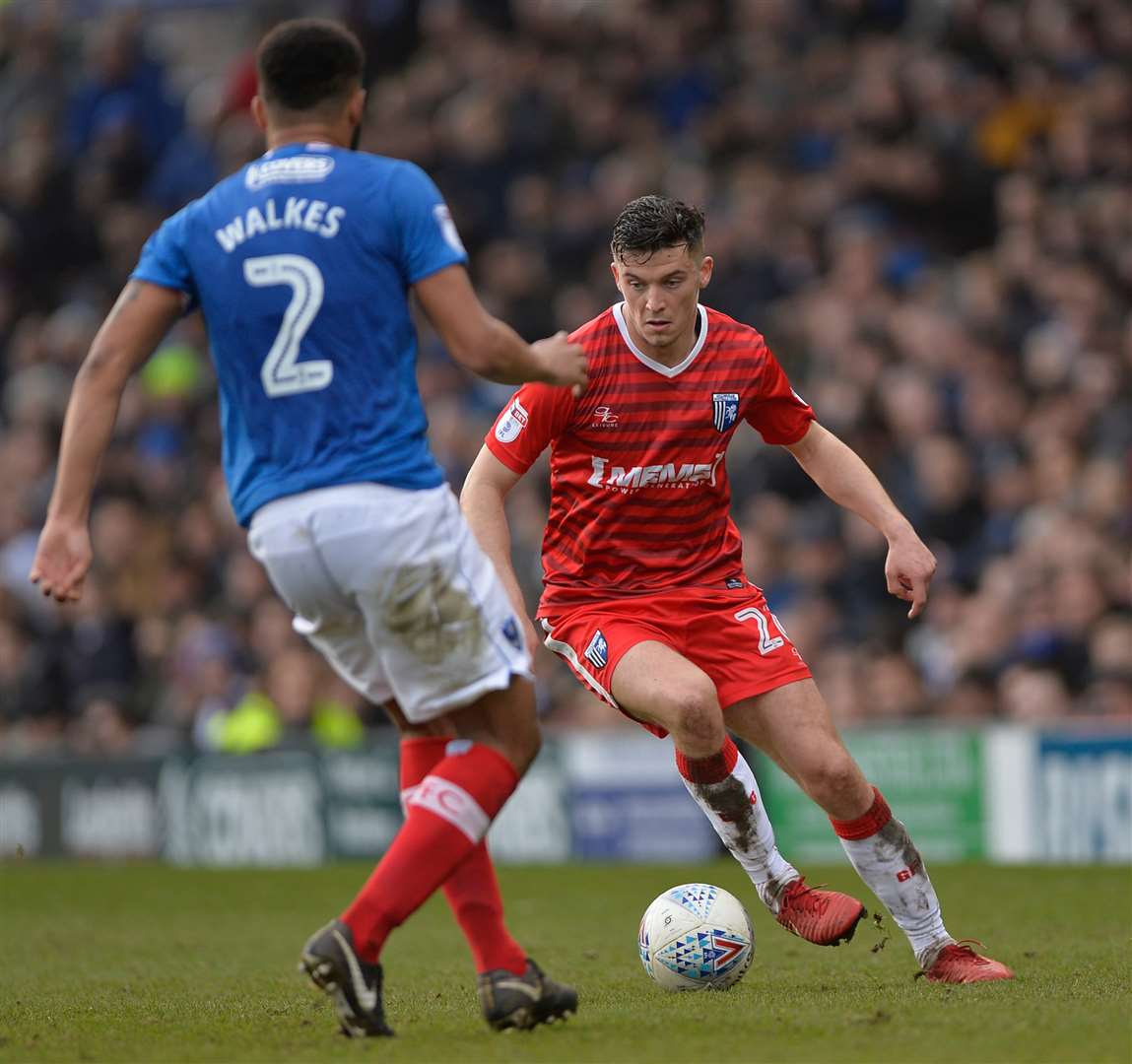 Callum Reilly takes on Portsmouth's Anton Walkes Picture: Ady Kerry