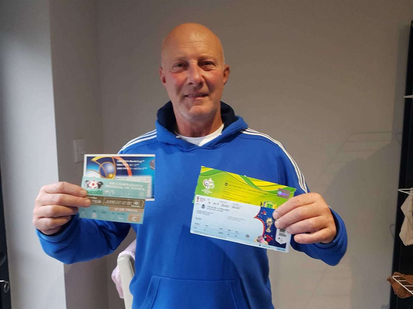 Terry Matson with some of his World Cup tickets over the years, including the Mexico '86 quarter-final against Argentina and the Russia 2018 semi-final versus Croatia