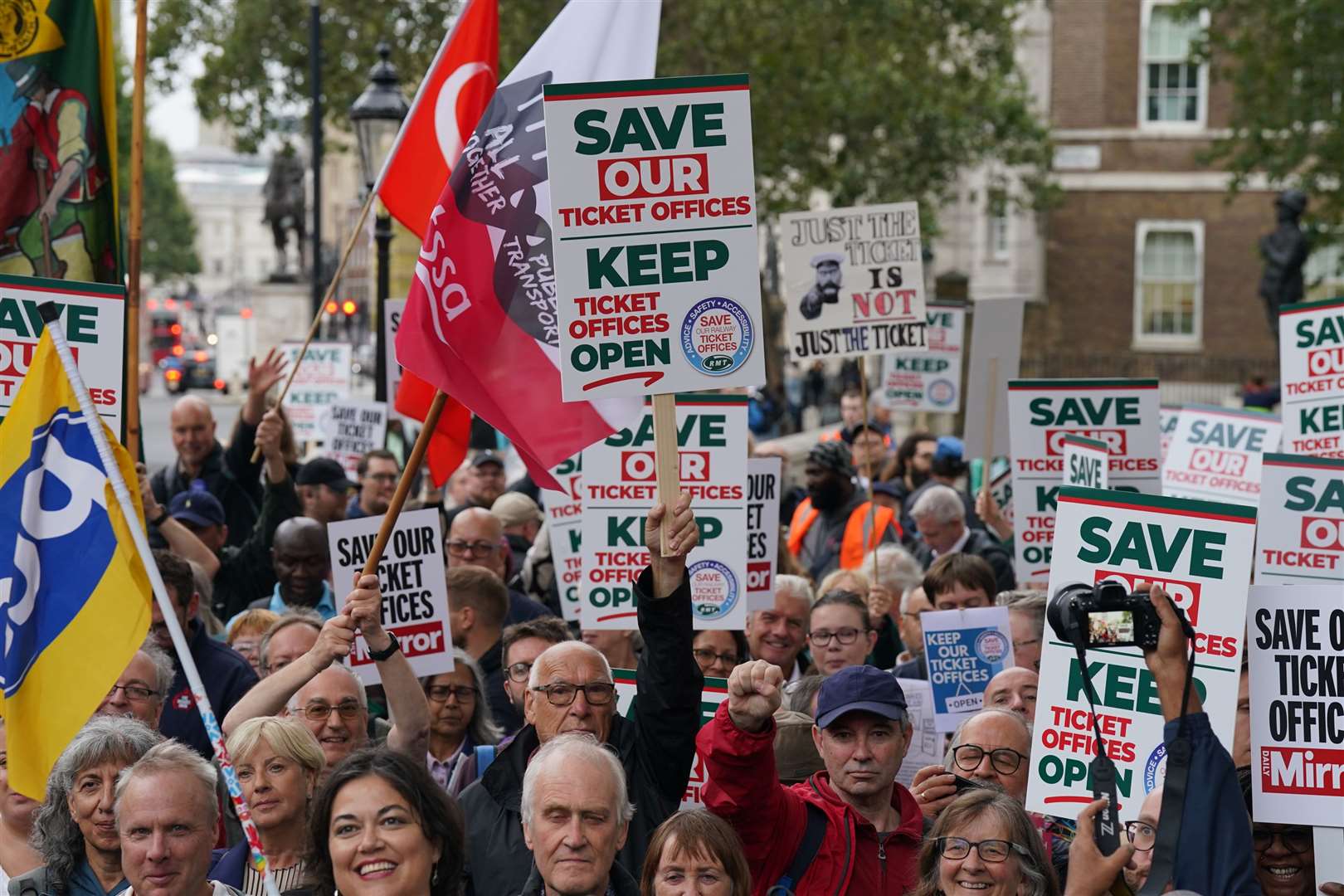 People join protests against railway station ticket office closures (Lucy North/PA)