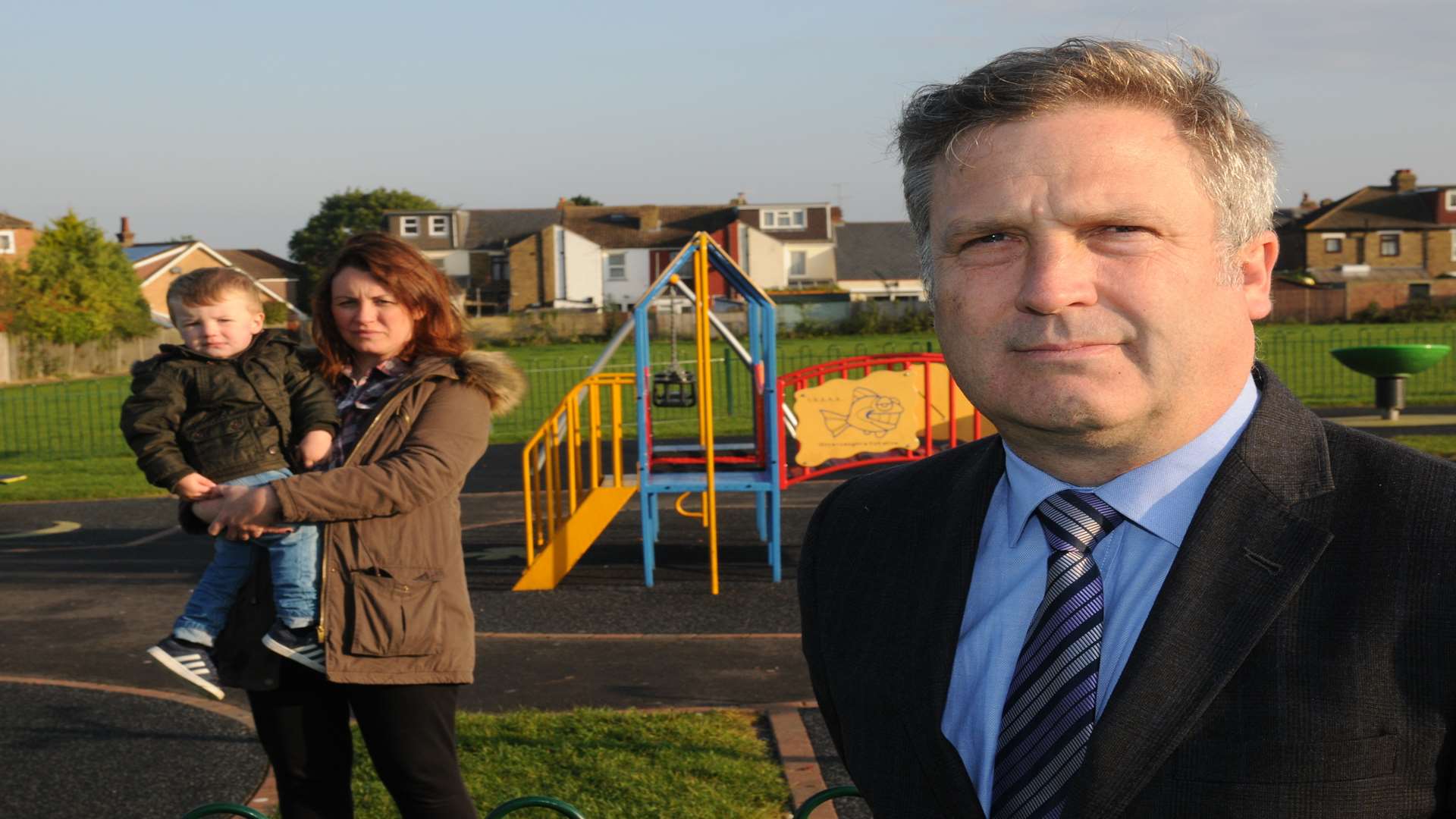 Rosebery Road Recreation Ground, off Beresford Road, Chatham. Drug dealing has neen seen. Cllr Rupert Turpin with Rachel Elphick and Harrison Milliner (2), they are worried about using the playground.