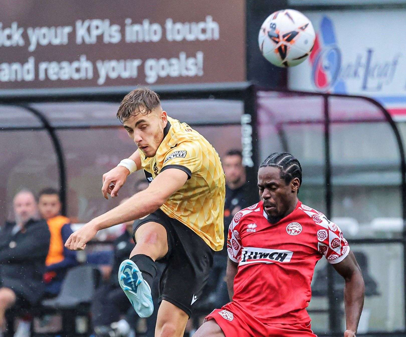 Maidstone United's Crawley loanee Antony Papadopoulos shoots under pressure from Hemel Hempstead's ex-Dartford player Brandon Barzey in the Stones’ 1-0 win on Saturday. Picture: Helen Cooper