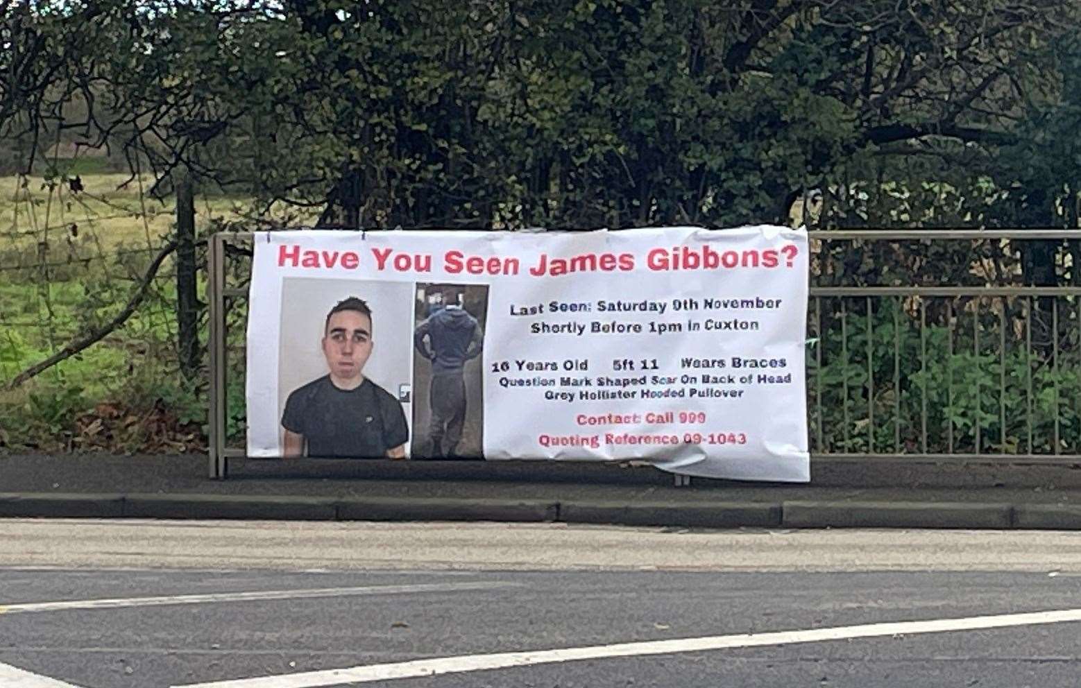 A large banner has been put up on the A228 to appeal to anyone who has seen James