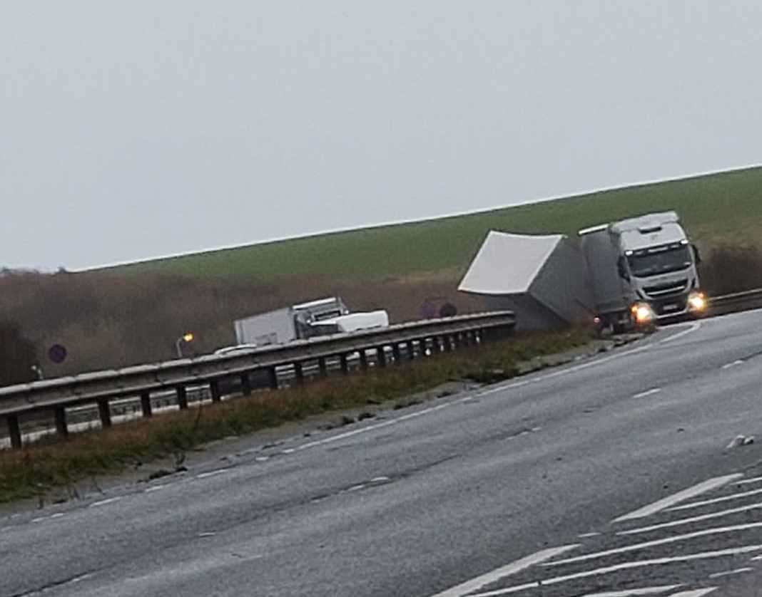 The overturned lorry. Picture by Bruce Lambert