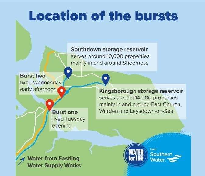 Southern Water map showing repairs needed to bring water back to the Isle of Sheppey