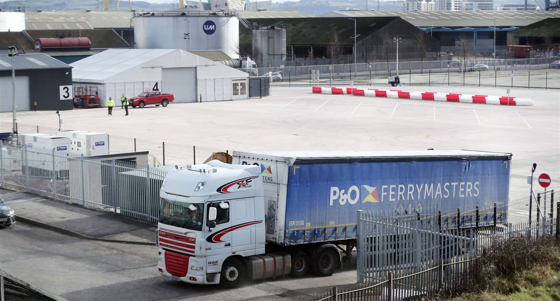 A truck leaves new inspection facilities at Belfast Port for goods arriving from GB (Niall Carson/PA)