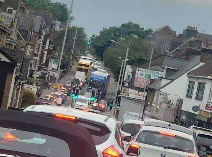 Traffic backed up in West Street, Sittingbourne town centre heading towards Key Street. Picture: Nicholas Childs