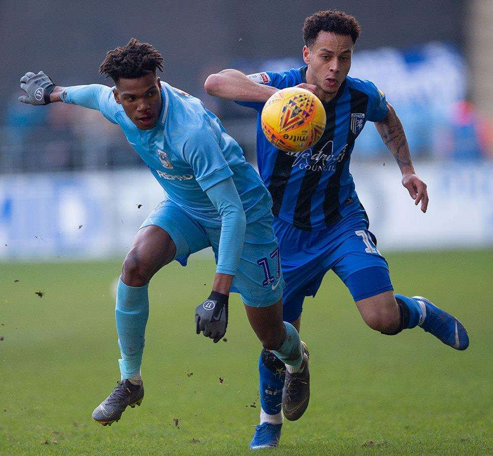 Elliott List in action for Gillingham at Coventry Picture: Ady Kerry