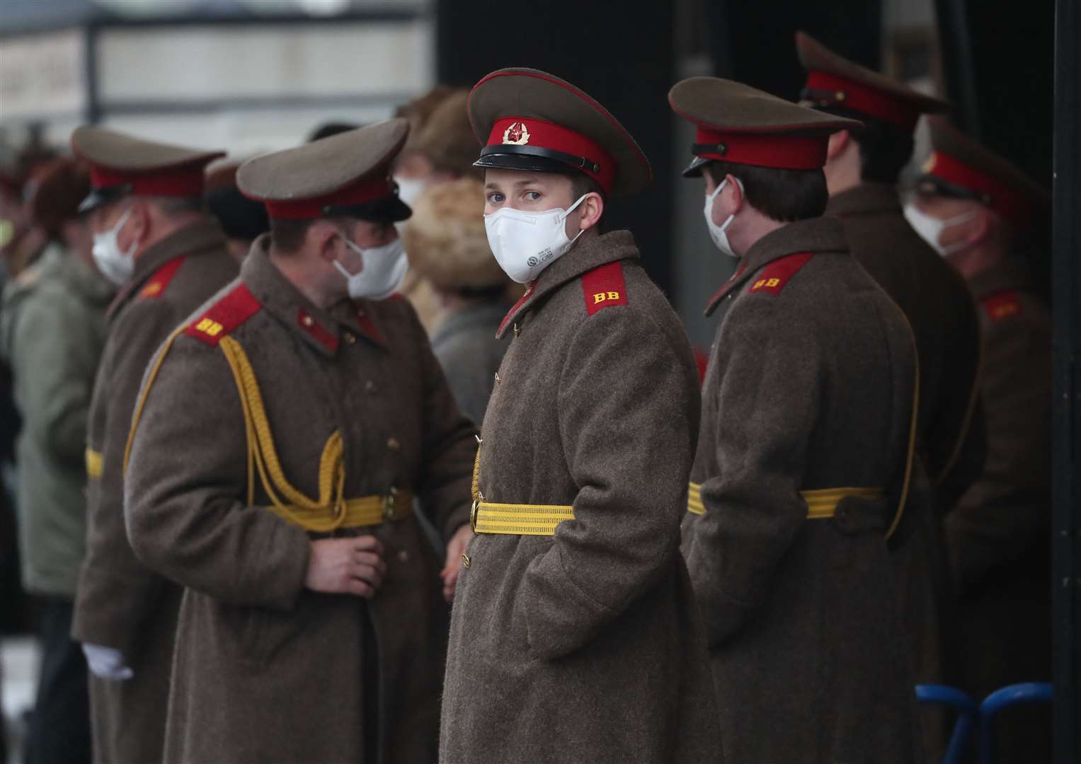 Actors and extras wearing face masks on the set of Tetris (Andrew Milligan/PA)