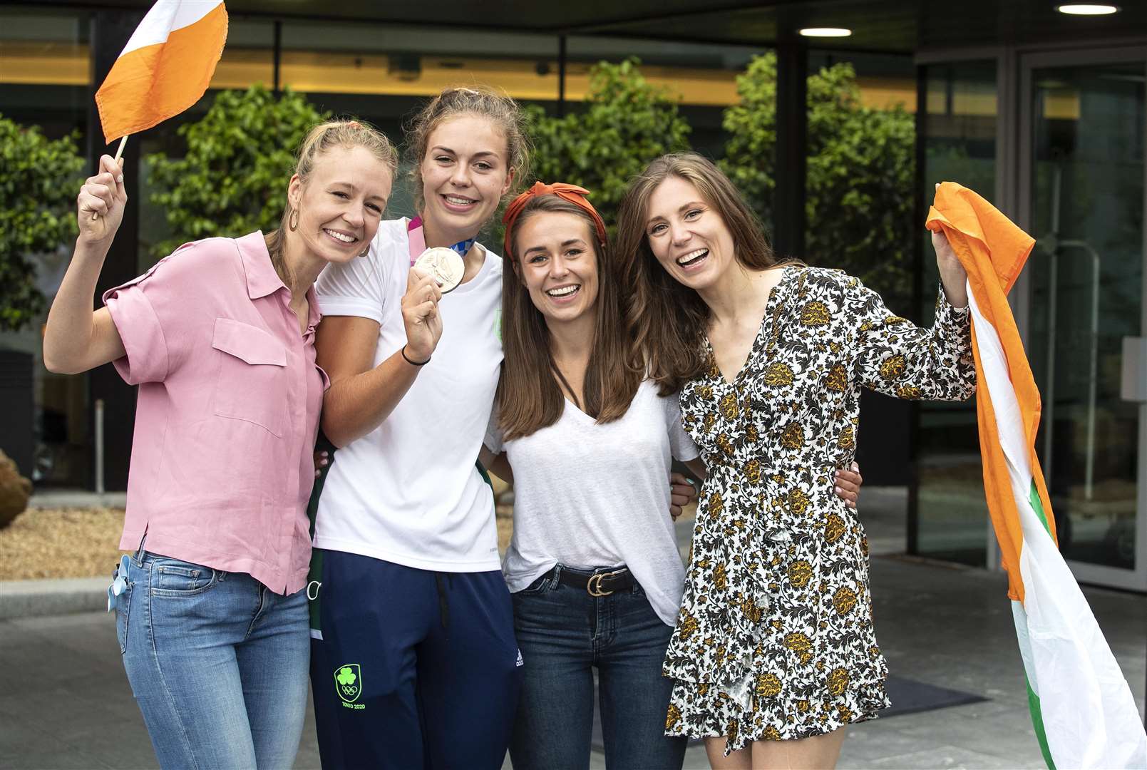 Bronze medallist Eimear Lambe with her sisters Claire, Aideen and Sinead at Dublin Airport (Damien Eagers/PA)