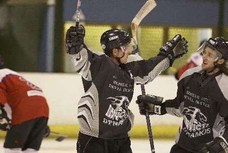 Stuart Low celebrates his second goal with Peter Korff, before it all went wrong for Mos. Picture: DAVE TREVALLION